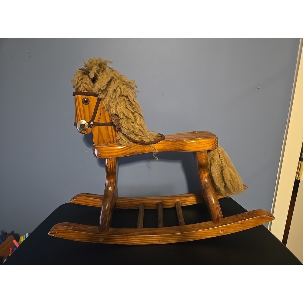VINTAGE  WOODEN ROCKING HORSE  Yarn Mane‎ And Tail